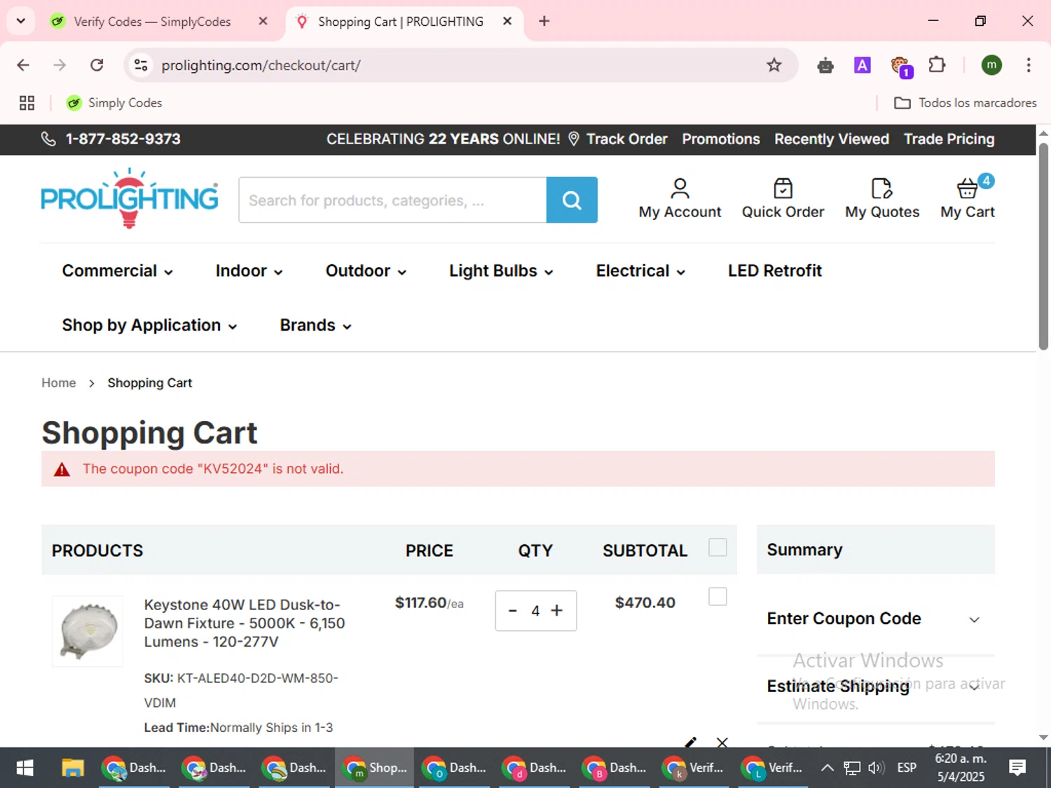 PRO Lighting coupon code screenshot showing code KV52024 applied at PRO Lighting checkout page. Uploaded by SimplyCodes community member VoucherCollector9196 on Apr 5, 2025