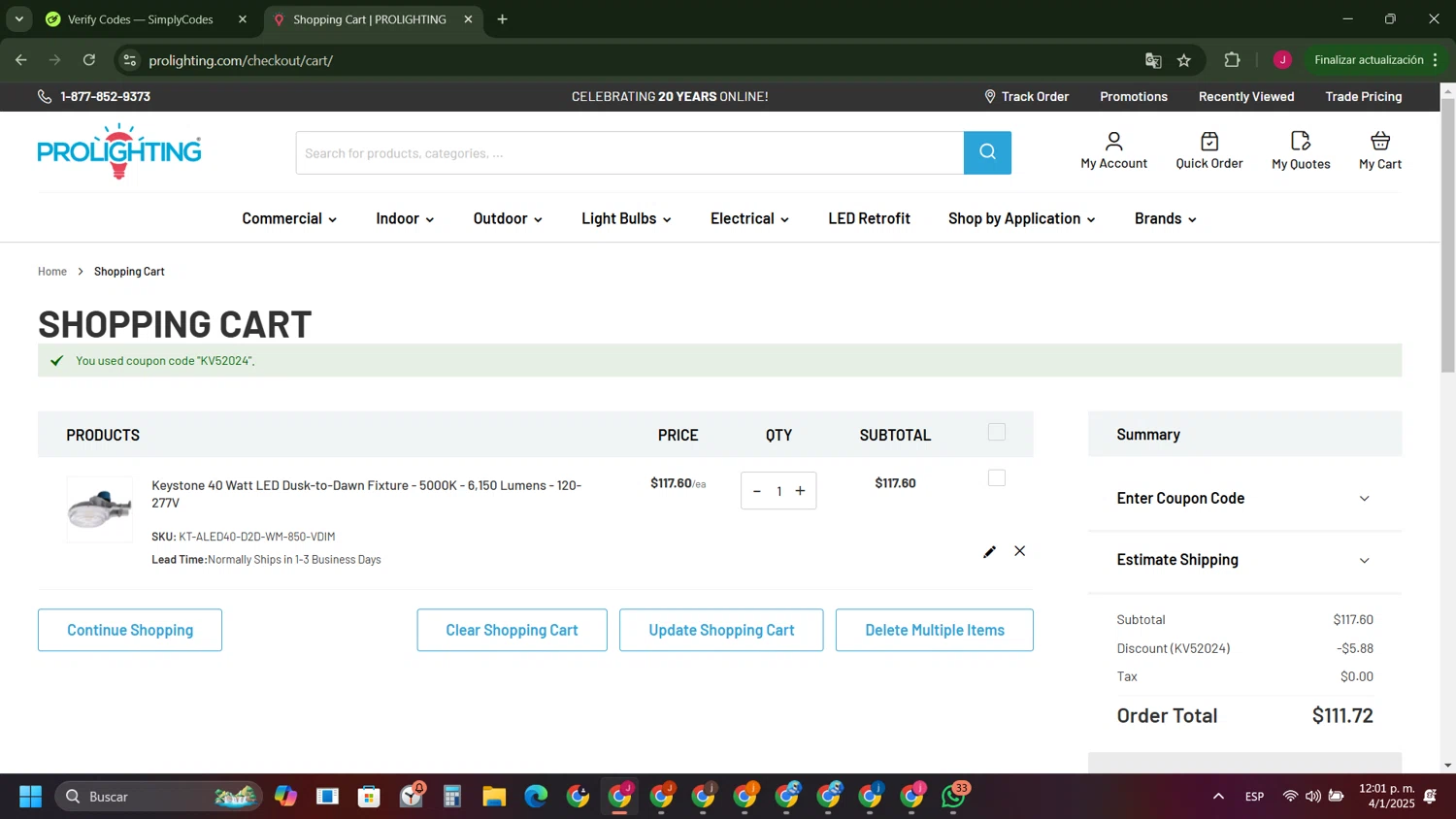 PRO Lighting checkout page showing PRO Lighting coupon code box | Screenshot taken by SimplyCodes community member on Jan 4, 2025