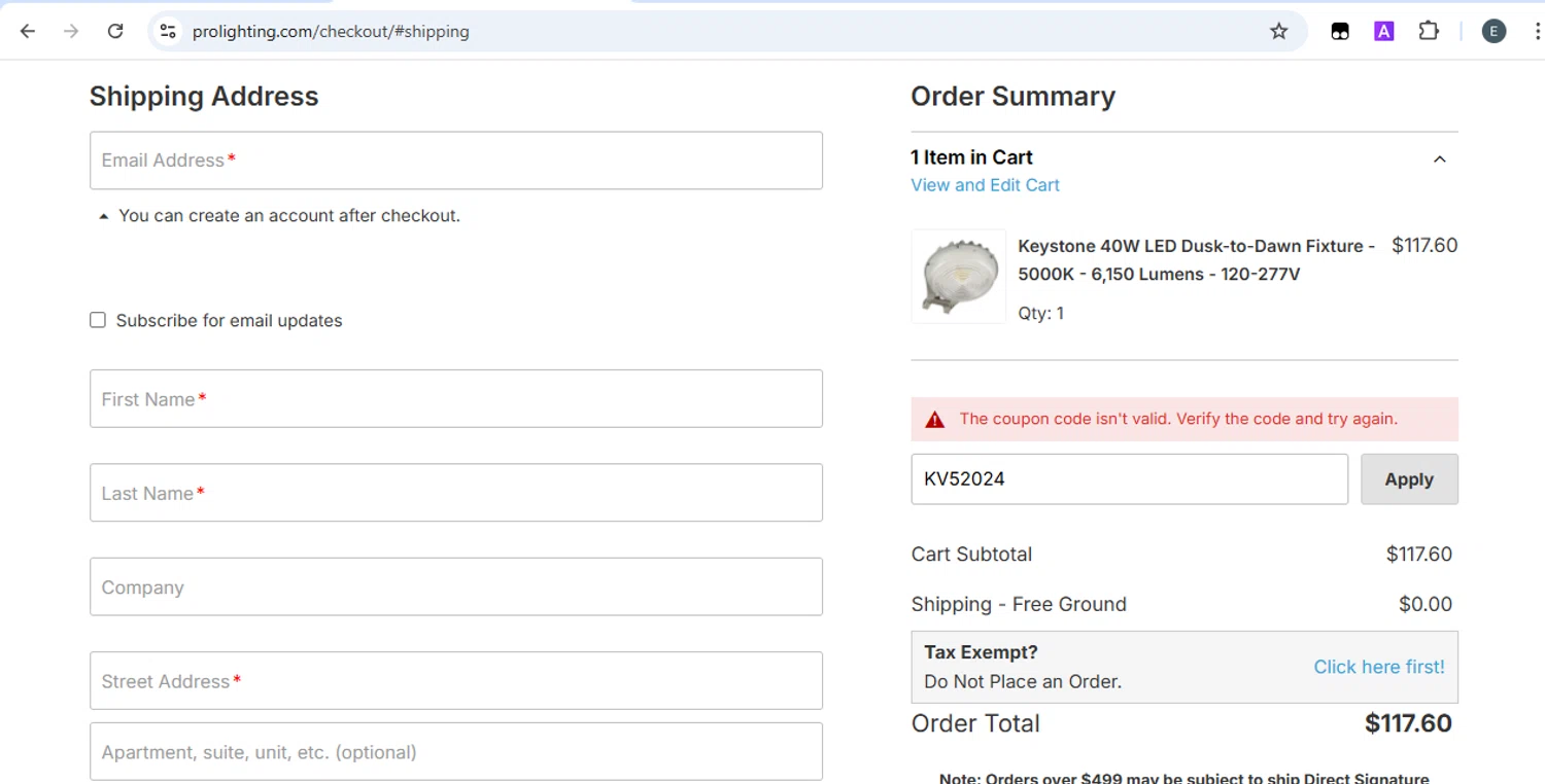 PRO Lighting coupon code screenshot showing code KV52024 applied at PRO Lighting checkout page. Uploaded by SimplyCodes community member SilverKnight4465 on Apr 5, 2025