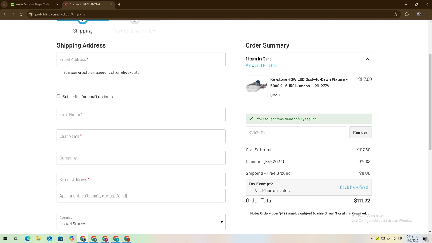PRO Lighting checkout page showing PRO Lighting coupon code box | Screenshot taken by SimplyCodes community member on Feb 14, 2025
