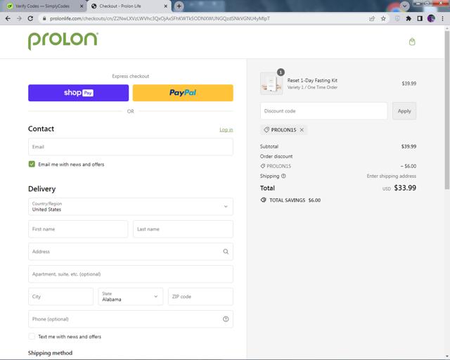 ProLon Life checkout page showing ProLon Life discount code box | Screenshot taken by SimplyCodes community member on May 11, 2024