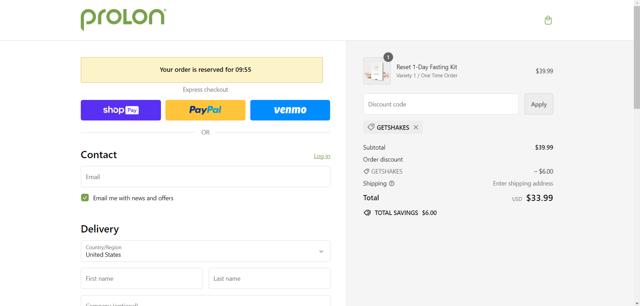 ProLon Life checkout page showing ProLon Life discount code box | Screenshot taken by SimplyCodes community member on Mar 8, 2024