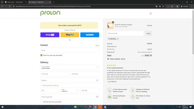 ProLon Life checkout page showing ProLon Life discount code box | Screenshot taken by SimplyCodes community member on Apr 10, 2024