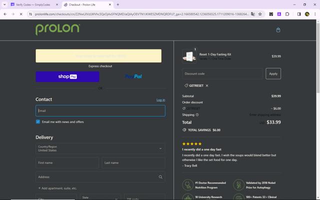 ProLon Life checkout page showing ProLon Life discount code box | Screenshot taken by SimplyCodes community member on Mar 23, 2024