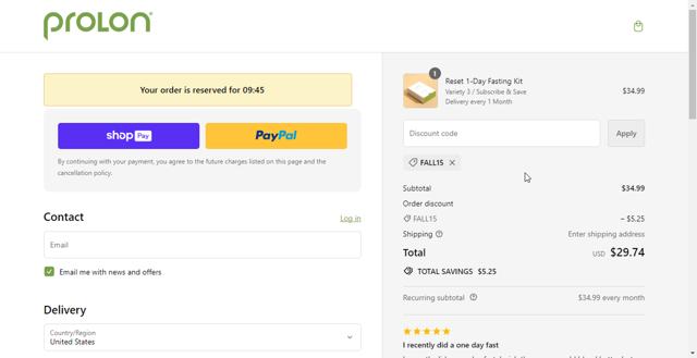 ProLon Life checkout page showing ProLon Life discount code box | Screenshot taken by SimplyCodes community member on Apr 5, 2024