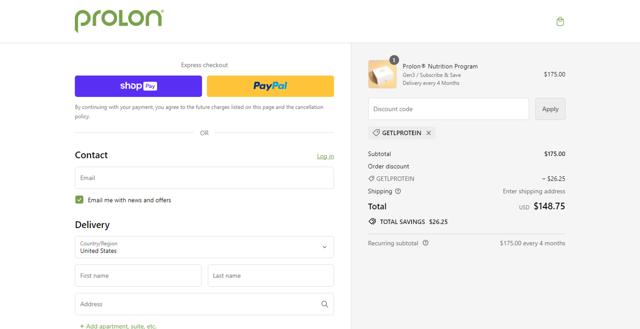 ProLon Life checkout page showing ProLon Life discount code box | Screenshot taken by SimplyCodes community member on Apr 6, 2024