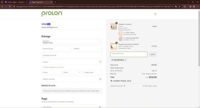 ProLon Life checkout page showing ProLon Life discount code box | Screenshot taken by SimplyCodes community member on Mar 8, 2024