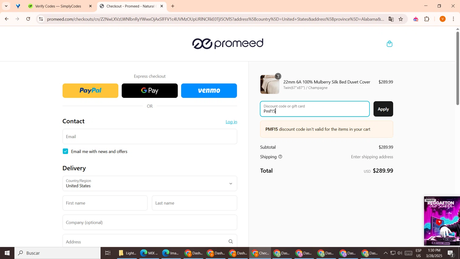 Promeed promo code screenshot showing code Pmf15 applied at Promeed checkout page. Uploaded by SimplyCodes community member EpicCollector7561 on Mar 28, 2025