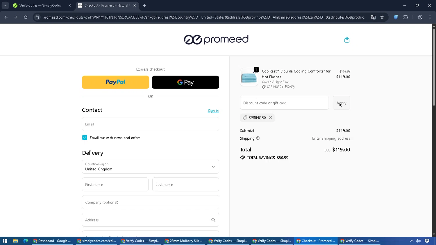Promeed promo code screenshot showing code Spring30 applied at Promeed checkout page. Uploaded by SimplyCodes community member Cynoxx on Oct 26, 2025