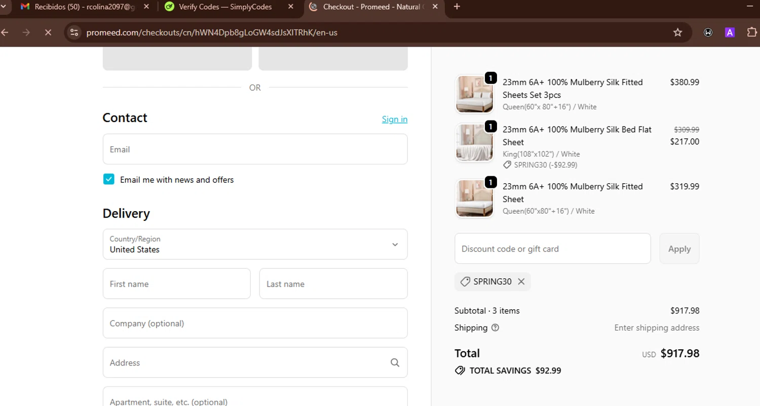 Promeed promo code screenshot showing code Spring30 applied at Promeed checkout page. Uploaded by SimplyCodes community member WonderWarden594 on Oct 17, 2025