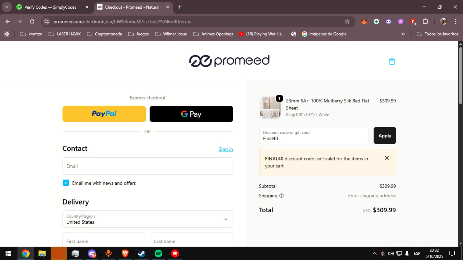 Promeed promo code screenshot showing code Final40 applied at Promeed checkout page. Uploaded by SimplyCodes community member Helpme on Oct 6, 2025