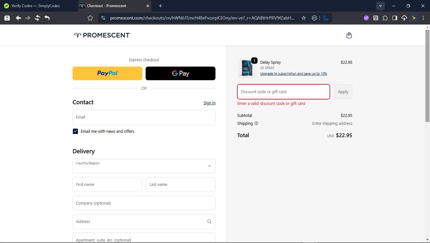 Promescent discount code screenshot showing code DISCOUNT applied at Promescent checkout page. Uploaded by SimplyCodes community member userrandon on Dec 11, 2025
