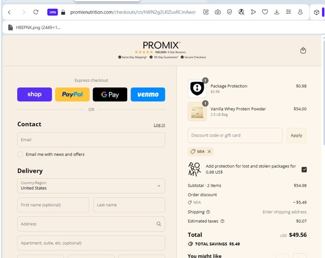 ProMix Nutrition checkout page showing ProMix Nutrition discount code box | Screenshot taken by SimplyCodes community member on Sep 6, 2025