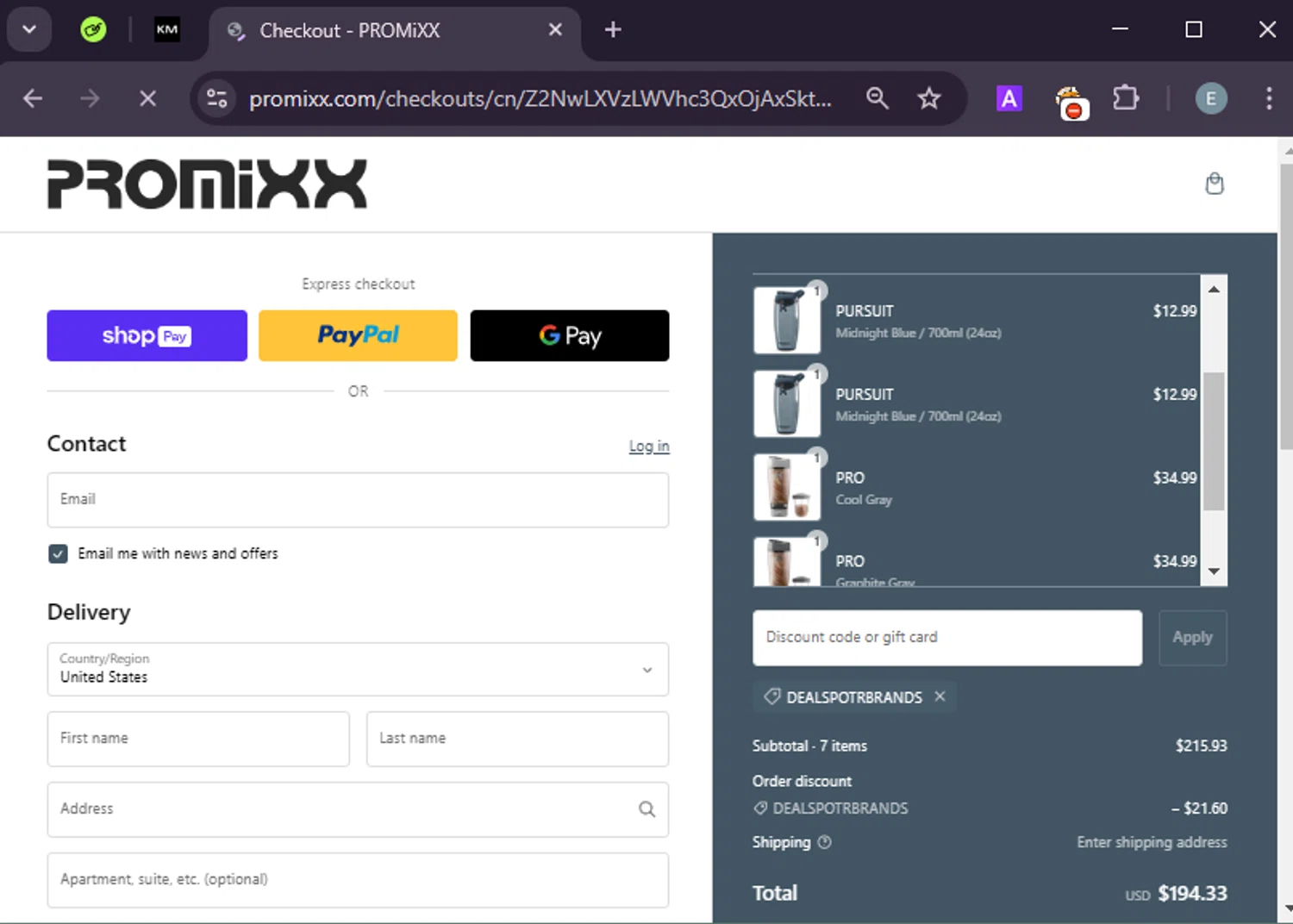 PROMiXX discount code screenshot showing code DEALSPOTRBRANDS applied at PROMiXX checkout page. Uploaded by SimplyCodes community member LuckyExpert7689 on Feb 7, 2025