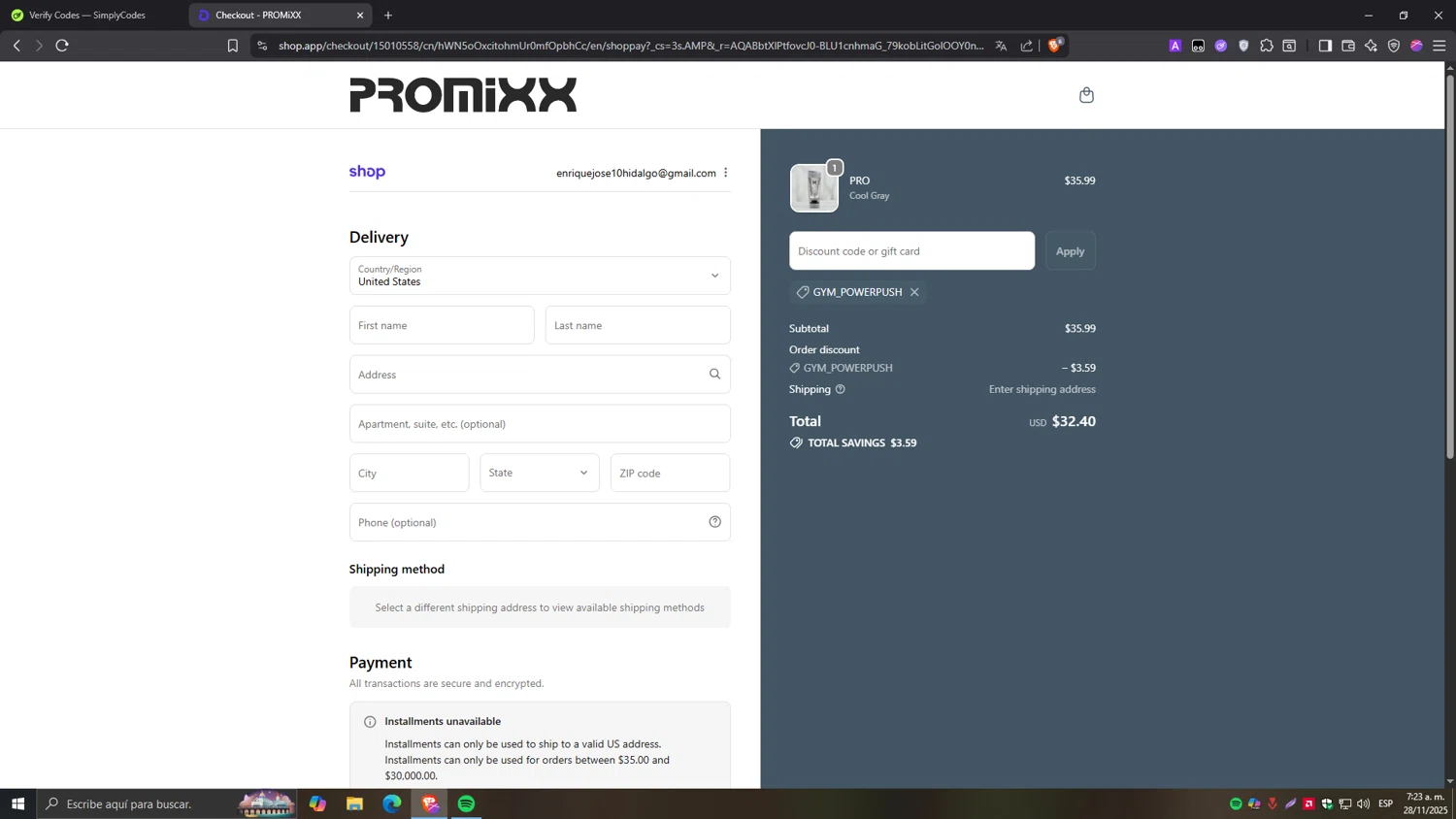 PROMiXX discount code screenshot showing code GYM_POWERPUSH applied at PROMiXX checkout page. Uploaded by SimplyCodes community member Tragedy on Nov 28, 2025