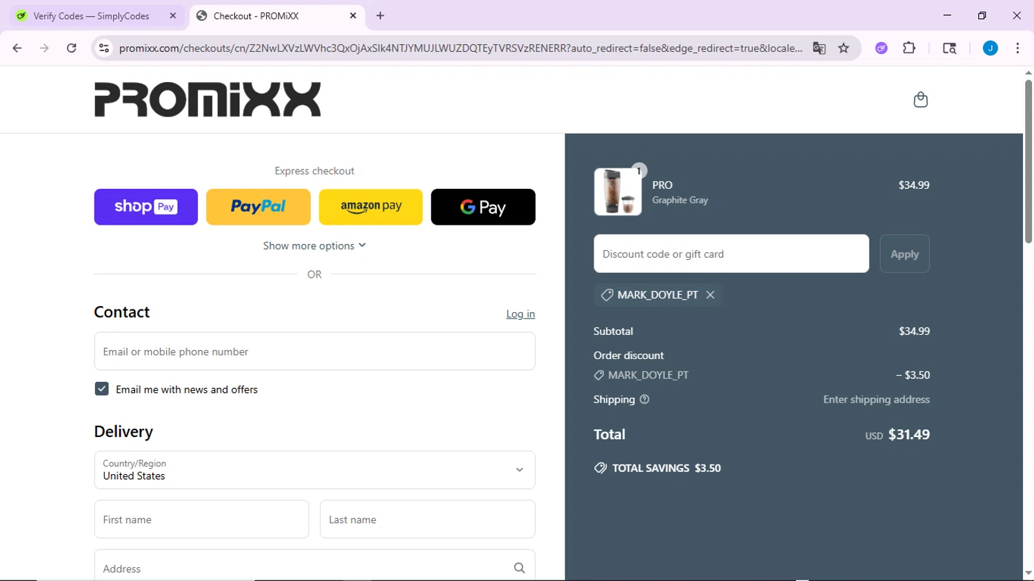 PROMiXX discount code screenshot showing code MARK_DOYLE_PT applied at PROMiXX checkout page. Uploaded by SimplyCodes community member CodeLynx3161 on Jun 21, 2025