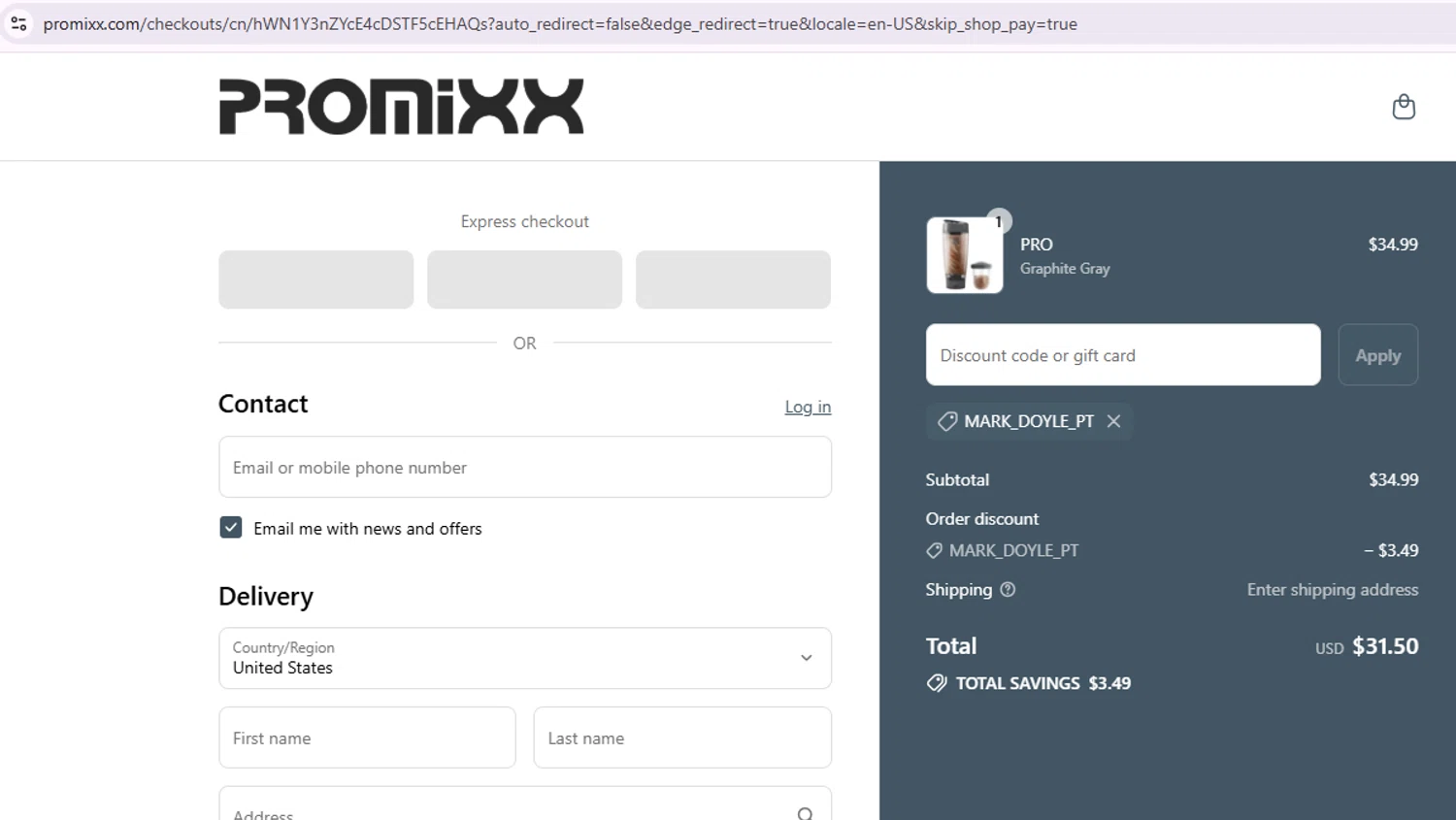 PROMiXX discount code screenshot showing code MARK_DOYLE_PT applied at PROMiXX checkout page. Uploaded by SimplyCodes community member Samu10 on Aug 8, 2025