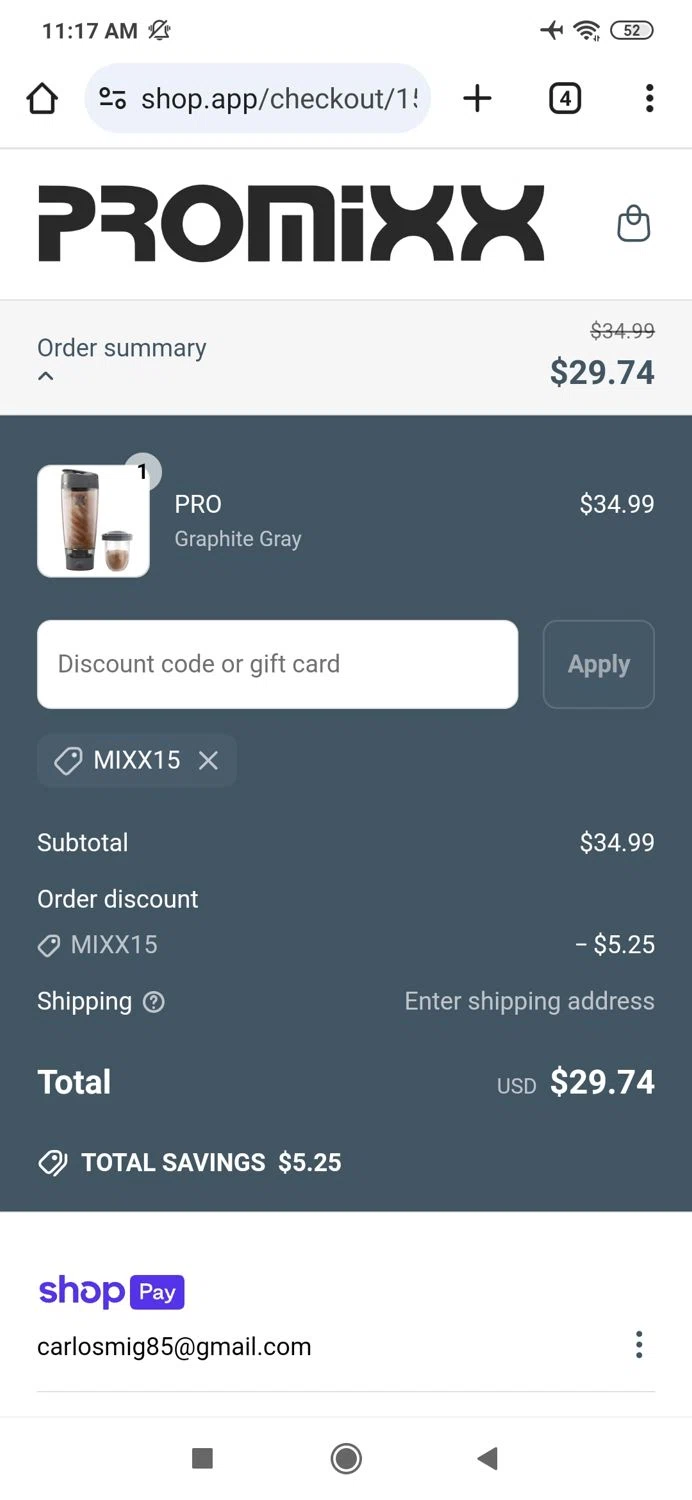 PROMiXX discount code screenshot showing code MIXX15 applied at PROMiXX checkout page. Uploaded by SimplyCodes community member MightyBoss9975 on May 1, 2025