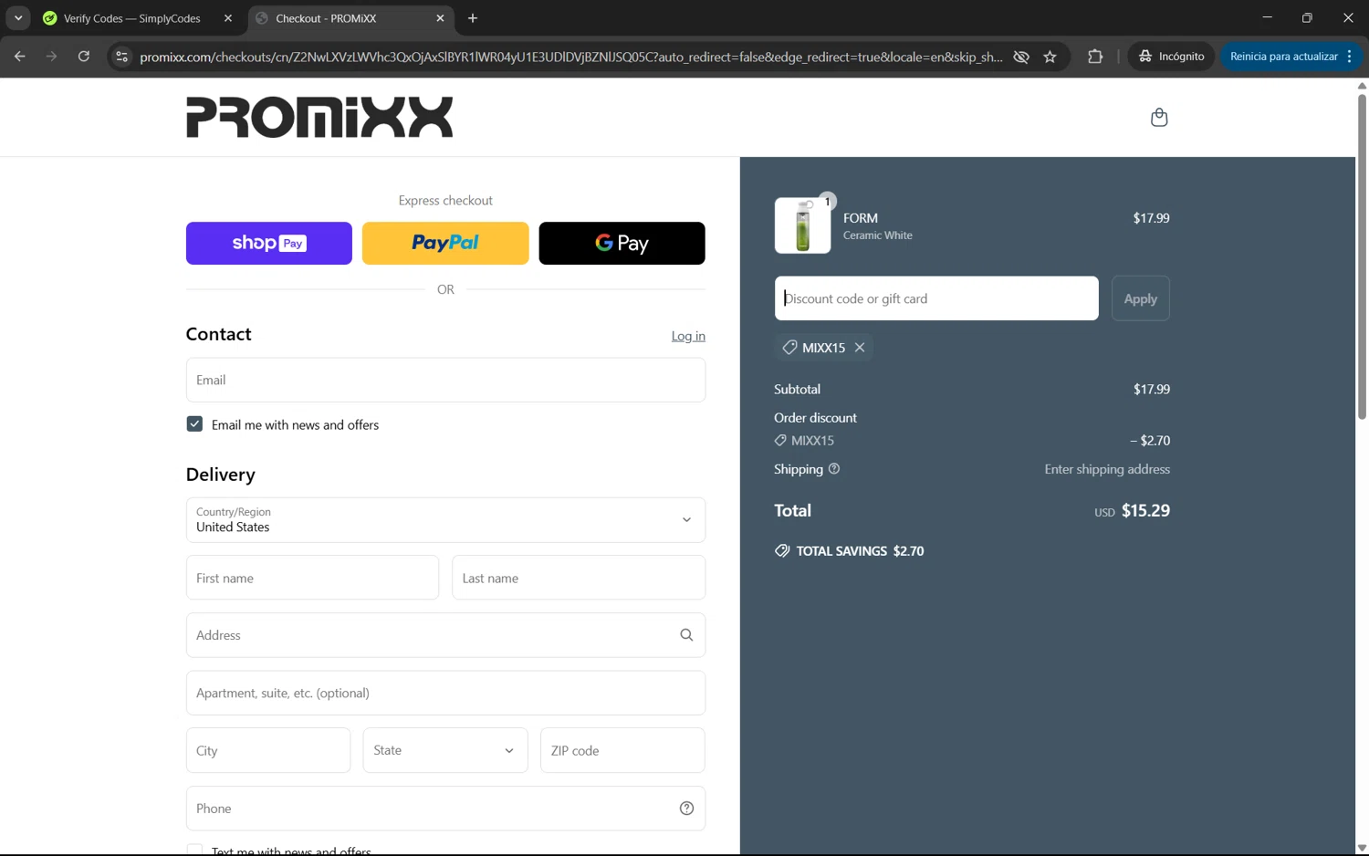 PROMiXX discount code screenshot showing code MIXX15 applied at PROMiXX checkout page. Uploaded by SimplyCodes community member juan1702 on Mar 21, 2025