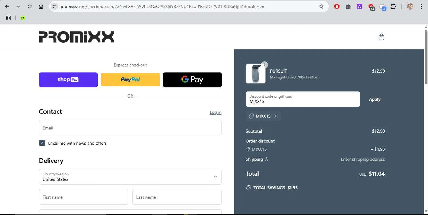PROMiXX discount code screenshot showing code MIXX15 applied at PROMiXX checkout page. Uploaded by SimplyCodes community member ROCKSORD_2 on Mar 21, 2025