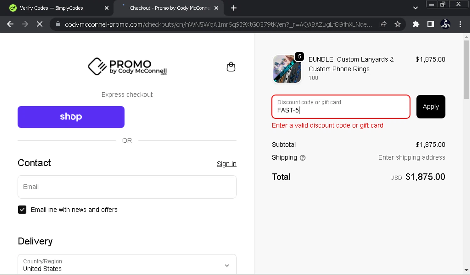 Promo by Cody McConnell promo code screenshot showing code FAST-5 applied at Promo by Cody McConnell checkout page. Uploaded by SimplyCodes community member SwiftOwl697 on Nov 21, 2025