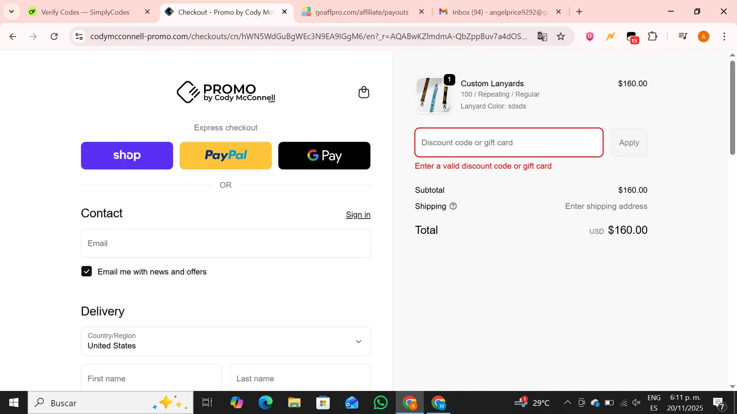 Promo by Cody McConnell promo code screenshot showing code LAN10 applied at Promo by Cody McConnell checkout page. Uploaded by SimplyCodes community member BrilliantPro4121 on Nov 20, 2025