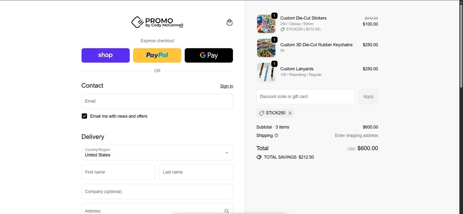 Promo by Cody McConnell promo code screenshot showing code STICK250 applied at Promo by Cody McConnell checkout page. Uploaded by SimplyCodes community member Depressive on Dec 16, 2025