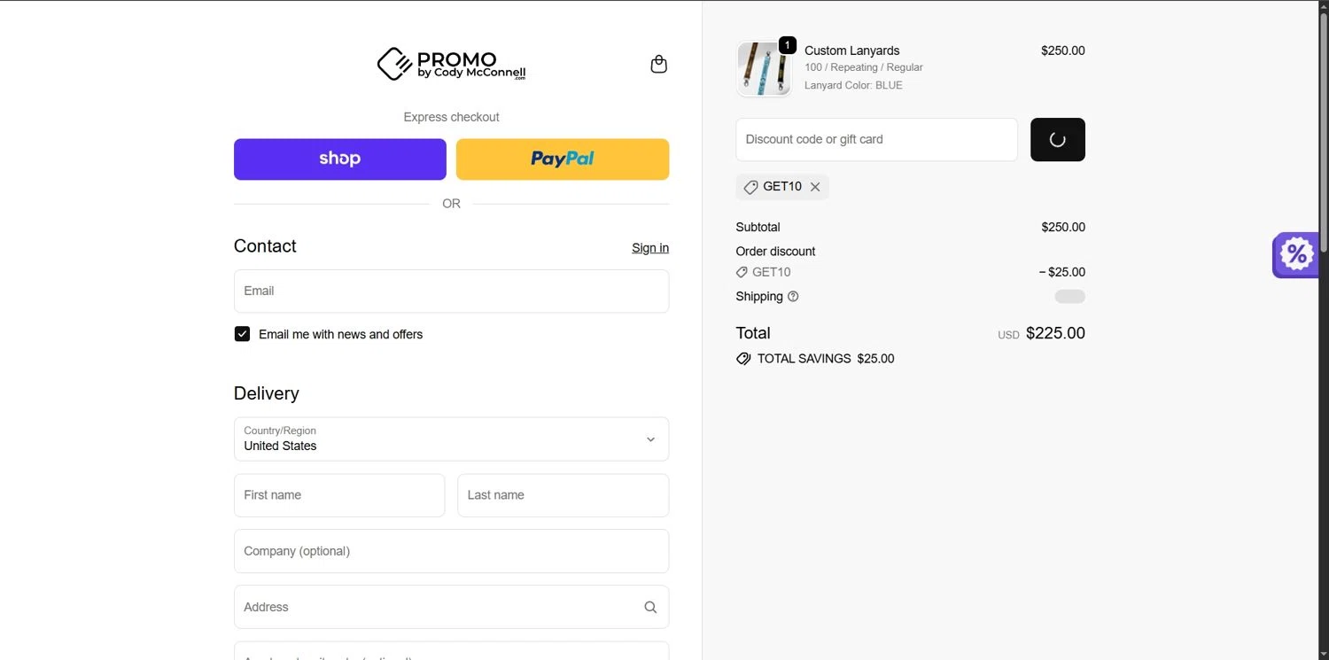 Promo by Cody McConnell promo code screenshot showing code GET10 applied at Promo by Cody McConnell checkout page. Uploaded by SimplyCodes community member Depressive on Dec 14, 2025