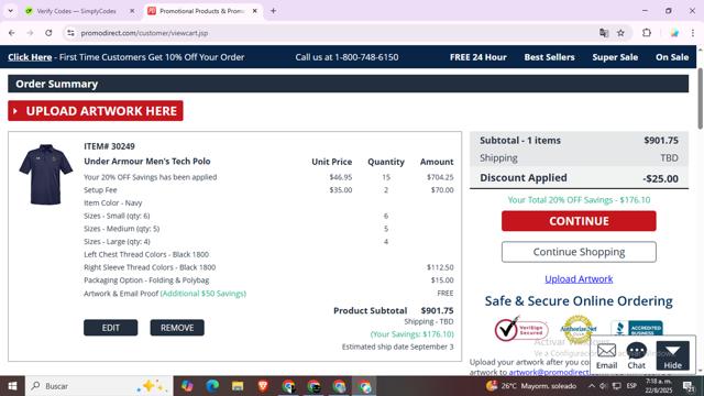 Promo Direct checkout page showing Promo Direct coupon code box | Screenshot taken by SimplyCodes community member on Aug 22, 2025