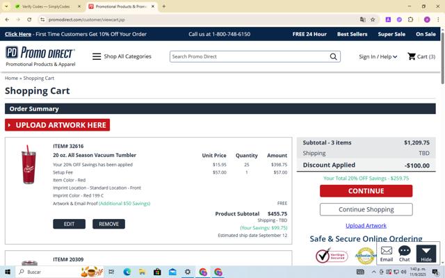 Promo Direct checkout page showing Promo Direct coupon code box | Screenshot taken by SimplyCodes community member on Sep 11, 2025