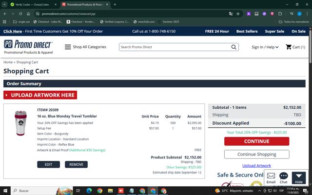 Promo Direct checkout page showing Promo Direct coupon code box | Screenshot taken by SimplyCodes community member on Sep 11, 2025