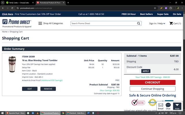 Promo Direct checkout page showing Promo Direct coupon code box | Screenshot taken by SimplyCodes community member on Aug 13, 2025