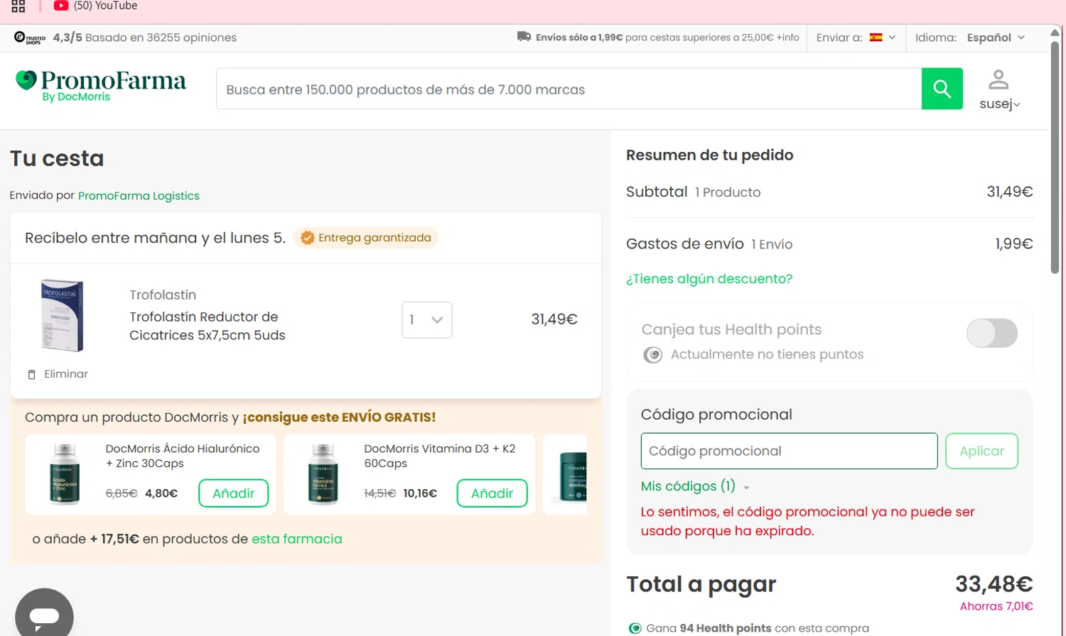 PromoFarma.com promo code screenshot showing code PRCYBER25 applied at PromoFarma.com checkout page. Uploaded by SimplyCodes community member perrasimplera on Dec 30, 2025
