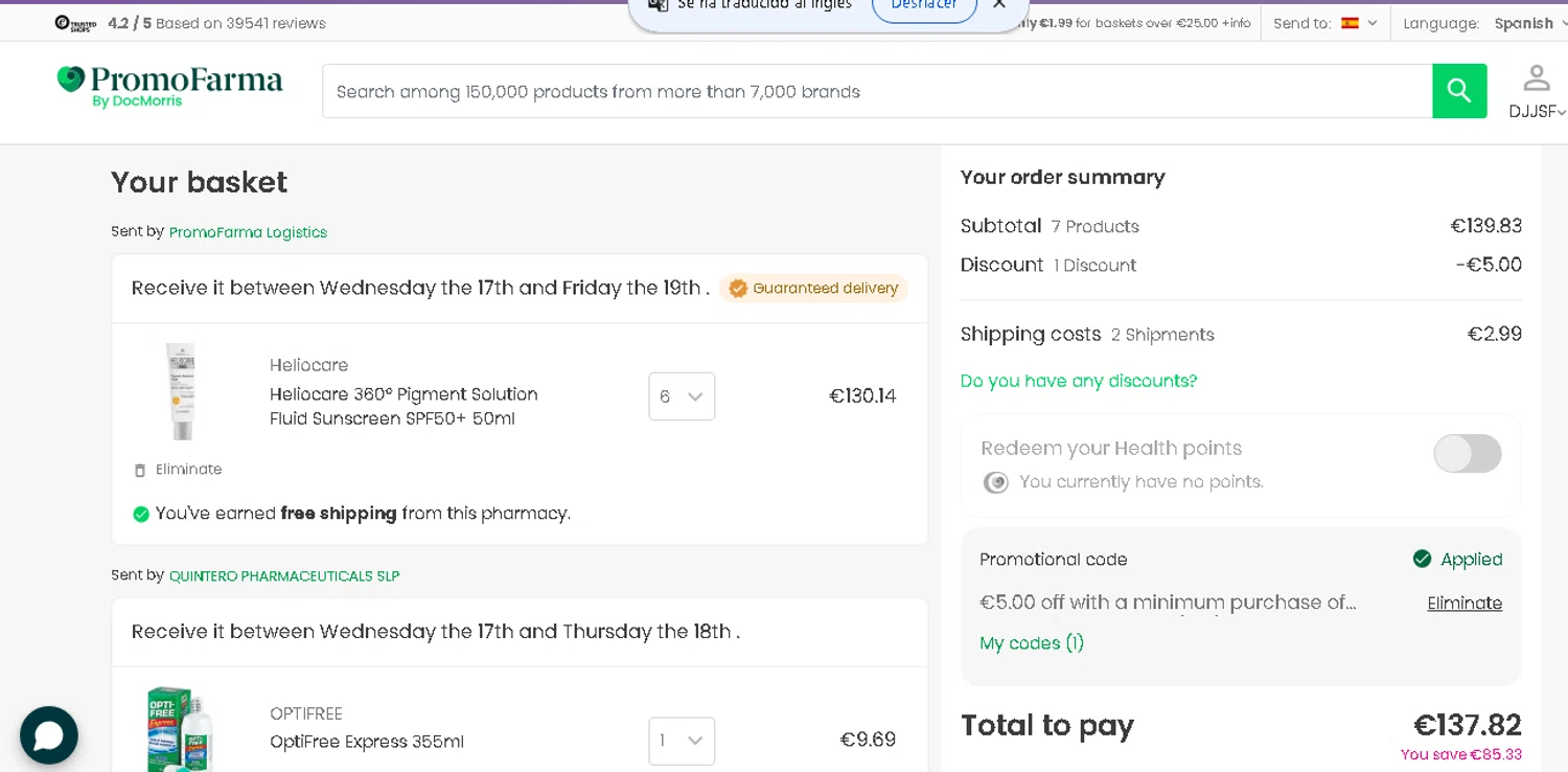 PromoFarma.com promo code screenshot showing code EXTRA48H applied at PromoFarma.com checkout page. Uploaded by SimplyCodes community member beatrizcastillo on Jun 14, 2026