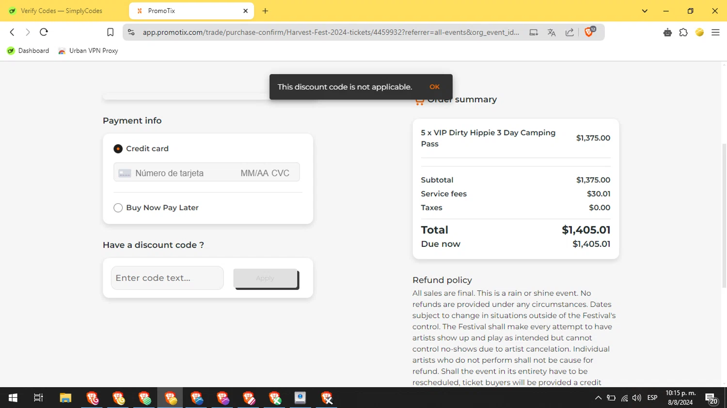 PromoTix checkout page showing PromoTix discount code box | Screenshot taken by SimplyCodes community member on Aug 9, 2024