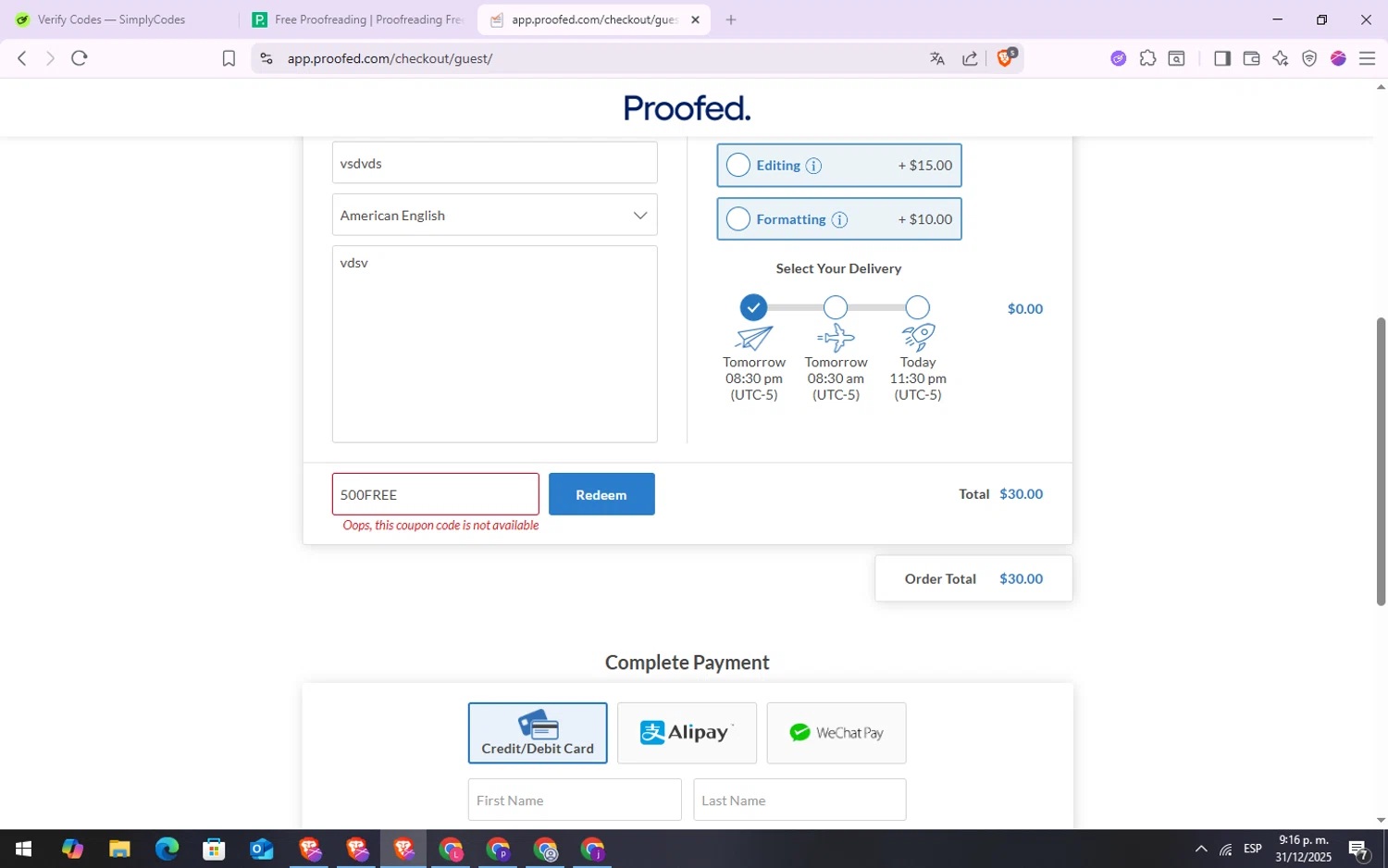 Proofed promo code screenshot showing code 500FREE applied at Proofed checkout page. Uploaded by SimplyCodes community member VoucherSpotter6910 on Jan 1, 2026