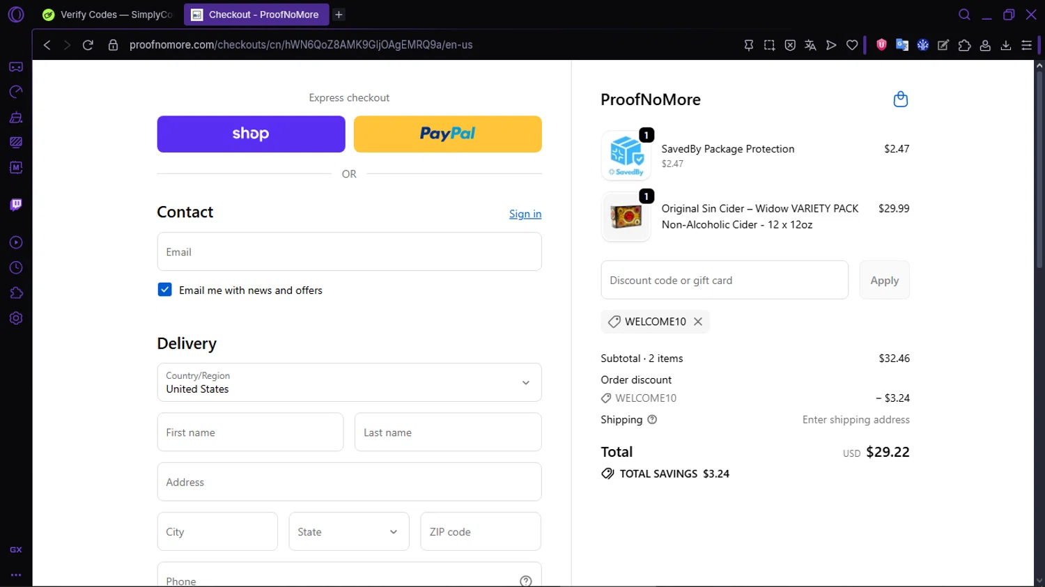 Proof No More promo code screenshot showing code WELCOME10 applied at Proof No More checkout page. Uploaded by SimplyCodes community member RewardLion134 on Dec 14, 2025