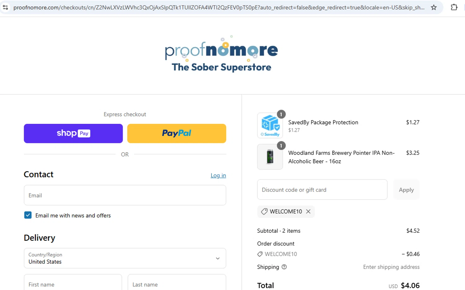 Proof No More promo code screenshot showing code WELCOME10 applied at Proof No More checkout page. Uploaded by SimplyCodes community member gallantbotx on Jul 9, 2025