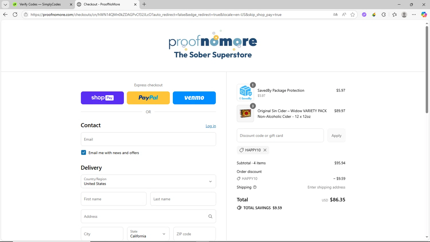 Proof No More promo code screenshot showing code HAPPY10 applied at Proof No More checkout page. Uploaded by SimplyCodes community member CrownShopper2899 on Jul 26, 2025