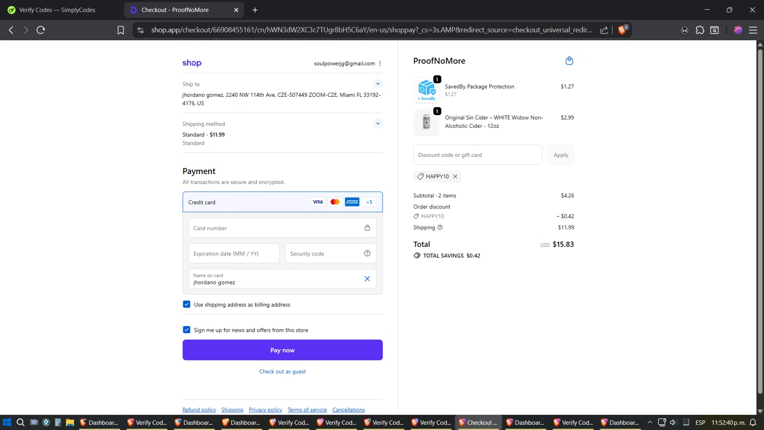 Proof No More promo code screenshot showing code HAPPY10 applied at Proof No More checkout page. Uploaded by SimplyCodes community member TreasureExpert3303 on Oct 2, 2025