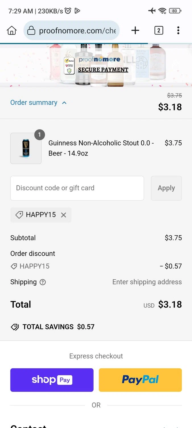 Proof No More promo code screenshot showing code happy15 applied at Proof No More checkout page. Uploaded by SimplyCodes community member _____________ on Feb 10, 2025