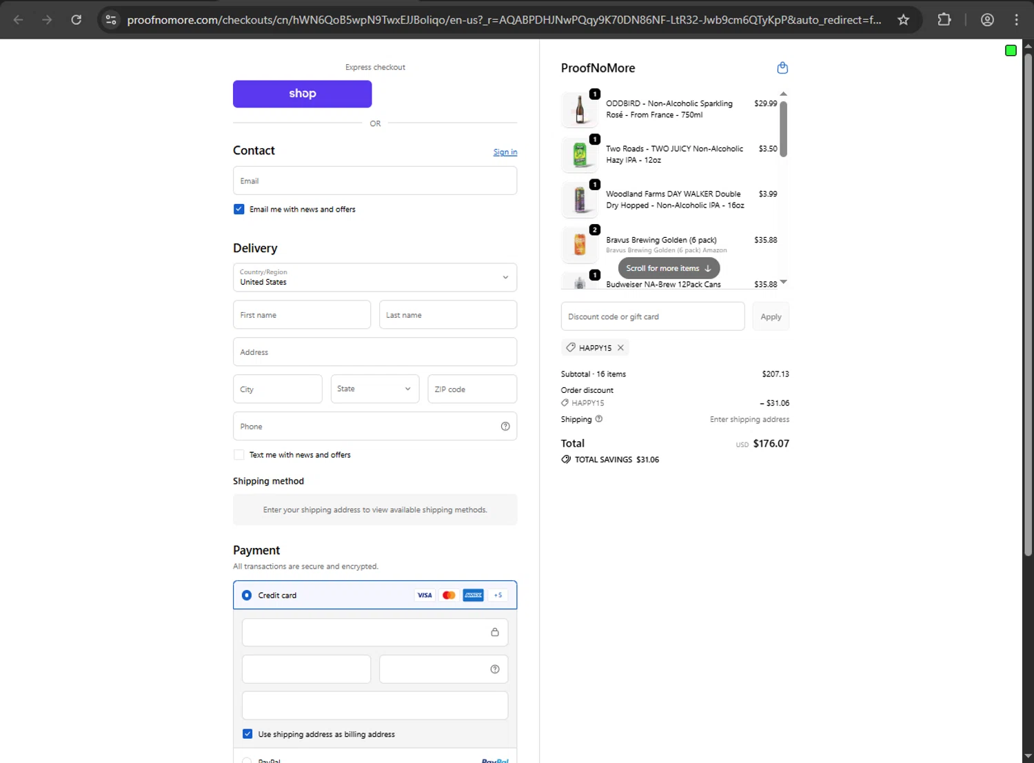 Proof No More promo code screenshot showing code happy15 applied at Proof No More checkout page. Uploaded by SimplyCodes community member anthonyramirez1 on Dec 14, 2025