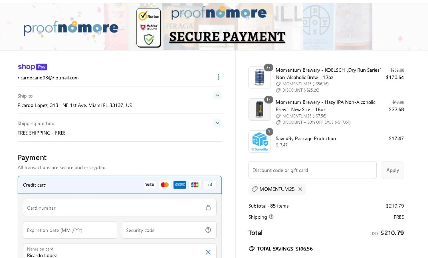 Proof No More promo code screenshot showing code MOMENTUM25 applied at Proof No More checkout page. Uploaded by SimplyCodes community member LAMINEJAMAL on May 16, 2025