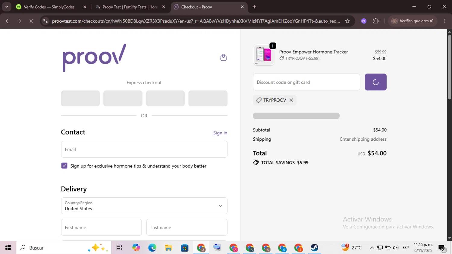 Proov Test discount code screenshot showing code TRYPROOV applied at Proov Test checkout page. Uploaded by SimplyCodes community member CrownChaser949 on Nov 7, 2025