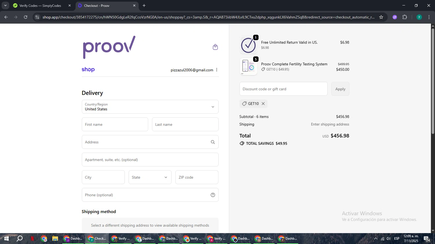 Proov Test discount code screenshot showing code GET10 applied at Proov Test checkout page. Uploaded by SimplyCodes community member FrugalCaptain6906 on Nov 7, 2025