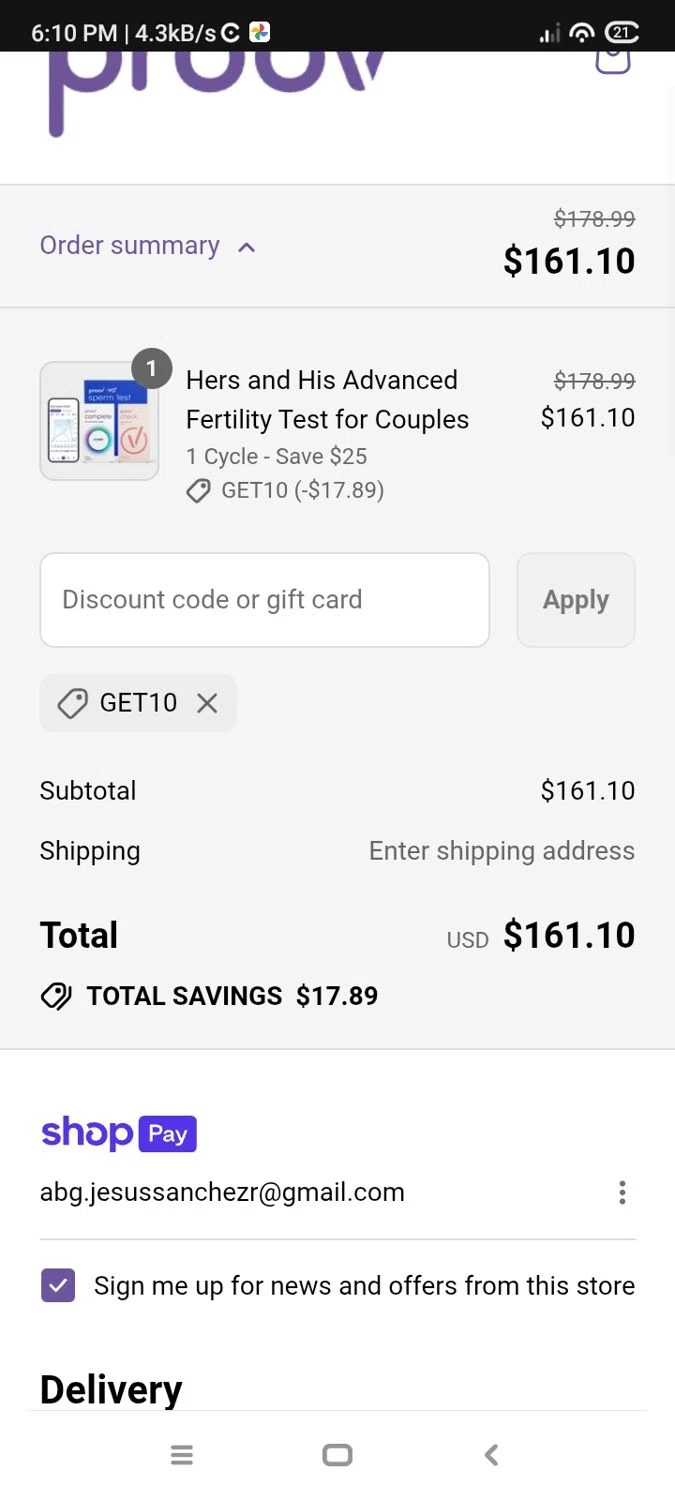 Proov Test discount code screenshot showing code GET10 applied at Proov Test checkout page. Uploaded by SimplyCodes community member RebateFalcon3172 on Jul 8, 2025