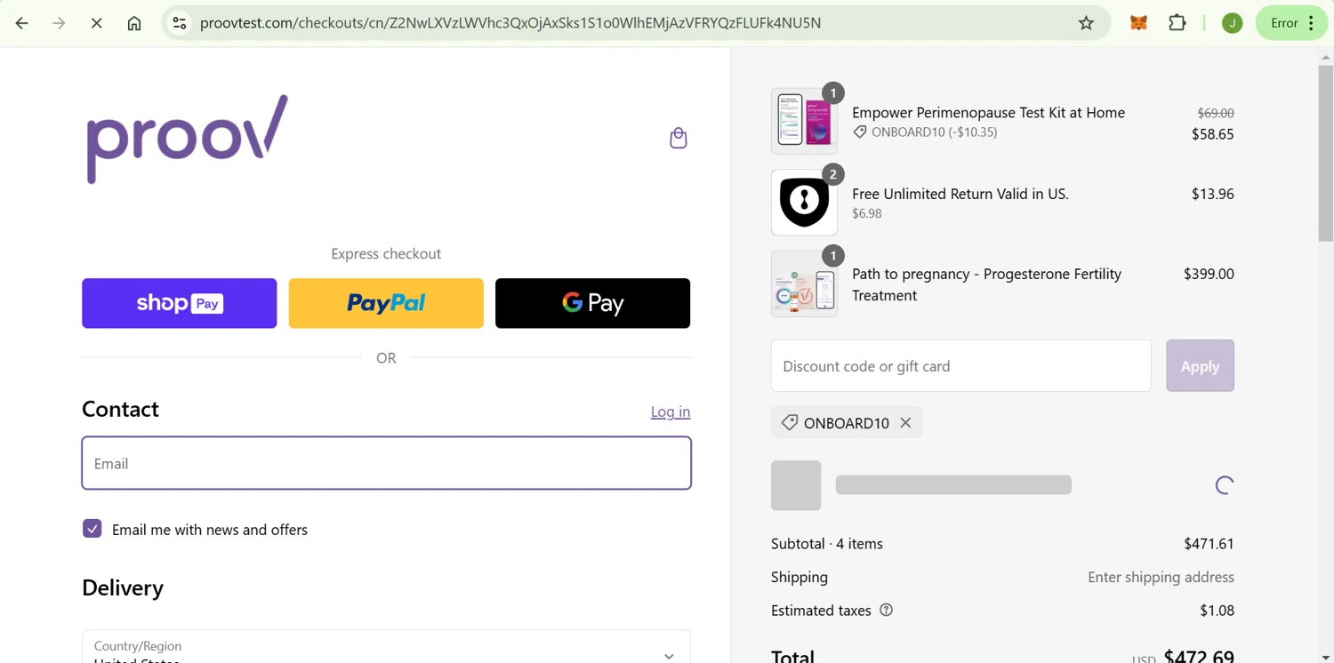 Proov Test discount code screenshot showing code Onboard10 applied at Proov Test checkout page. Uploaded by SimplyCodes community member ShrewdChaser7973 on Feb 3, 2025