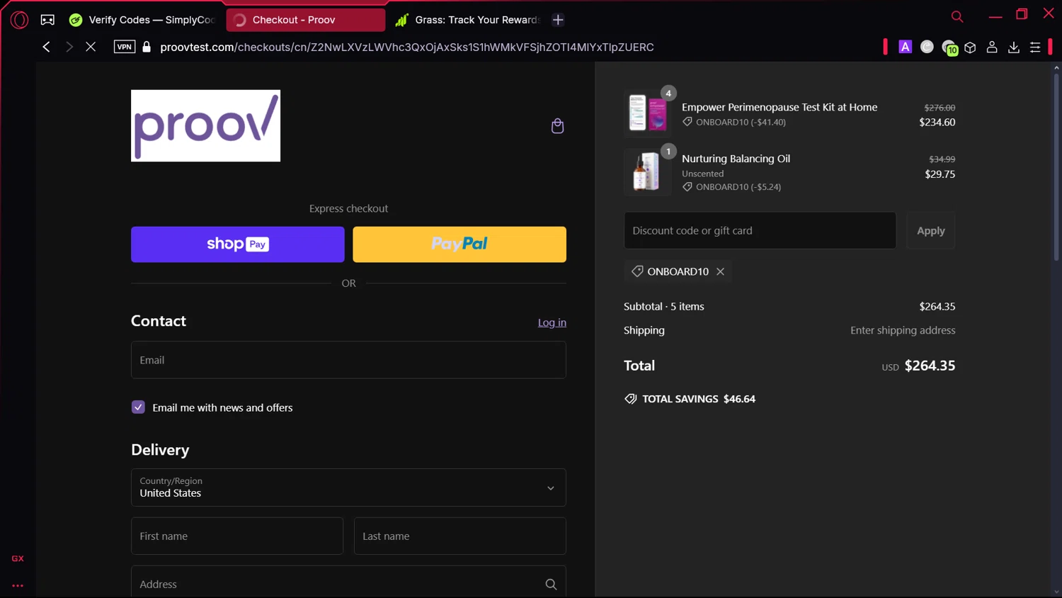 Proov Test discount code screenshot showing code Onboard10 applied at Proov Test checkout page. Uploaded by SimplyCodes community member Elsuanfonson on Feb 3, 2025