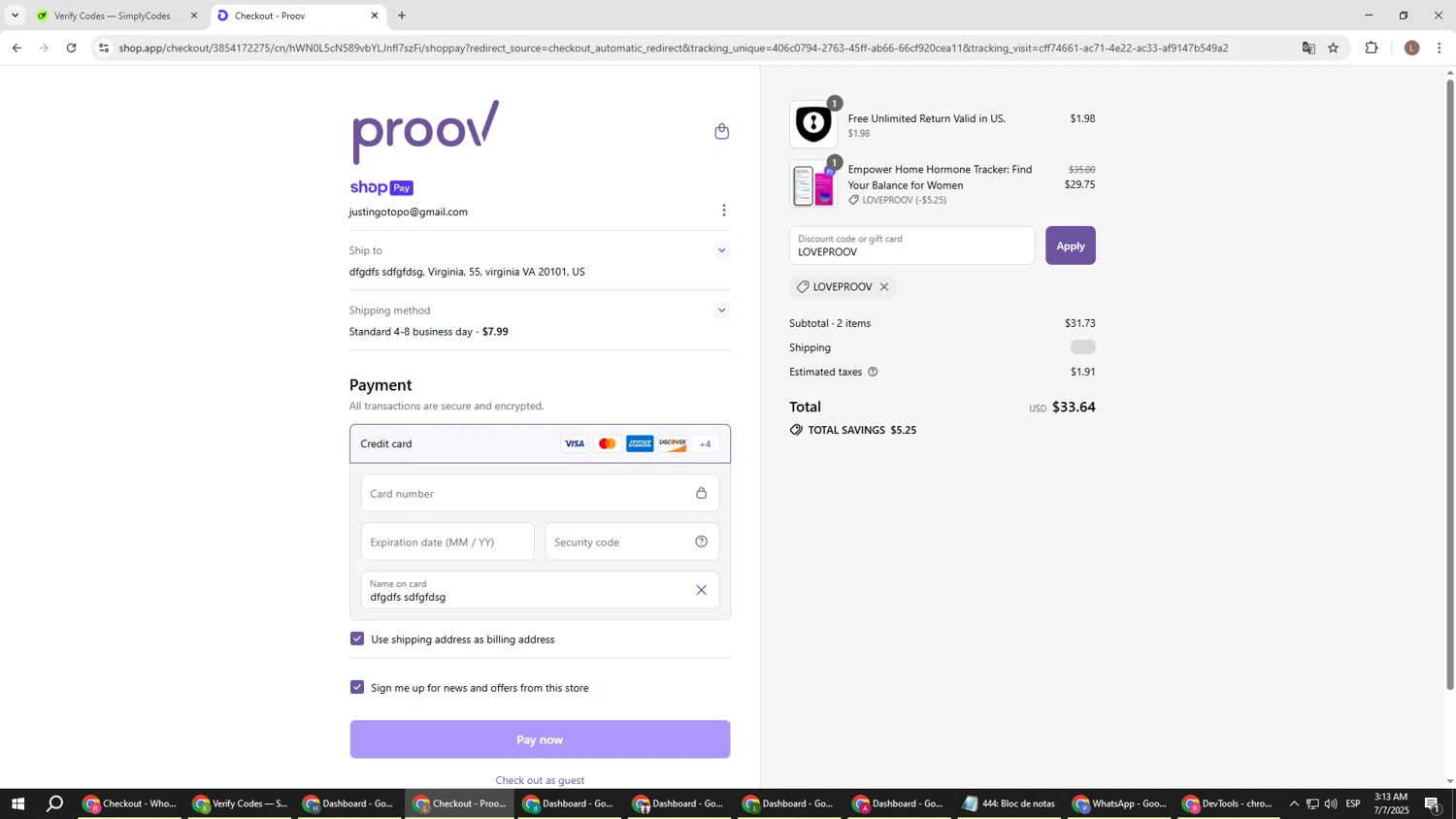 Proov Test discount code screenshot showing code LOVEPROOV applied at Proov Test checkout page. Uploaded by SimplyCodes community member BENELLI on Jul 7, 2025