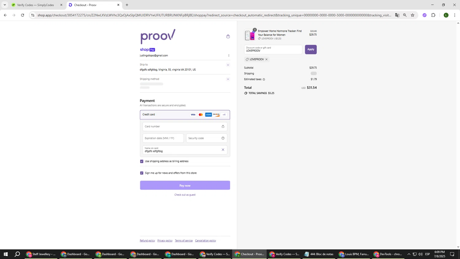 Proov Test discount code screenshot showing code LOVEPROOV applied at Proov Test checkout page. Uploaded by SimplyCodes community member DUCATI on Jul 8, 2025